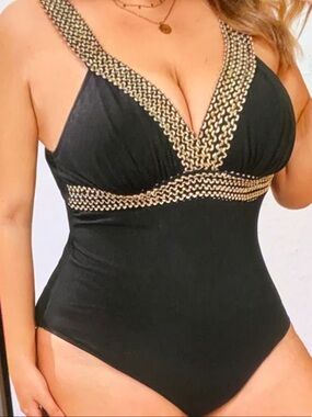Black One-Piece Swimsuit with Gold Trim